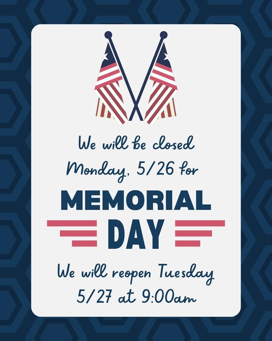 We will be closed on Monday, May 25, in observance of Memorial Day. Our doors will reopen on Tuesday, May 26, at 9:00 AM.

Let us take a moment to honor the memory of those we have lost this Memorial Day.

#decorfabricsanddesign #memorialday🇺🇸 #fab