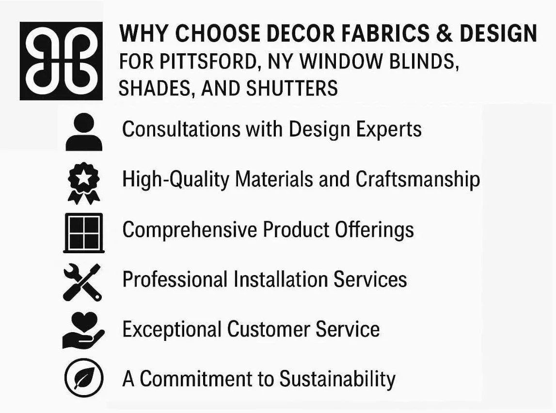 Infographic for window blinds, shades, and shutters Pittsford, NY highlighting expert design, quality materials, installation, and customer service.