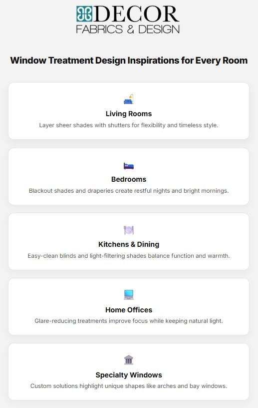 Infographic from Decor Fabrics & Design highlighting window treatment ideas for living rooms, bedrooms, kitchens, offices, and specialty windows, featuring window blinds, shades, and shutters Fairport, NY.