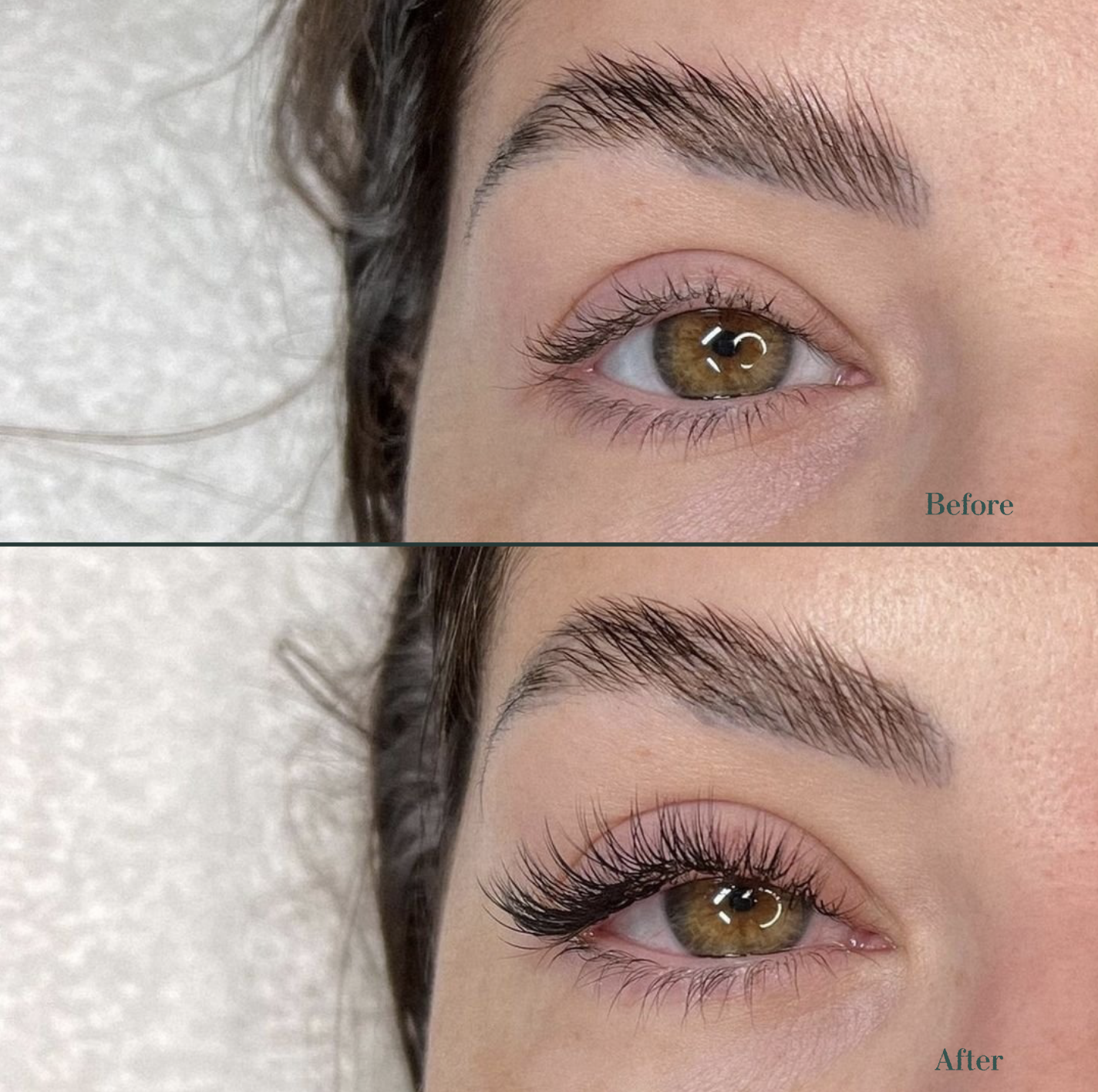 Close-up beauty service of natural-looking hybrid lash extensions done by a certified beautician in Toronto.