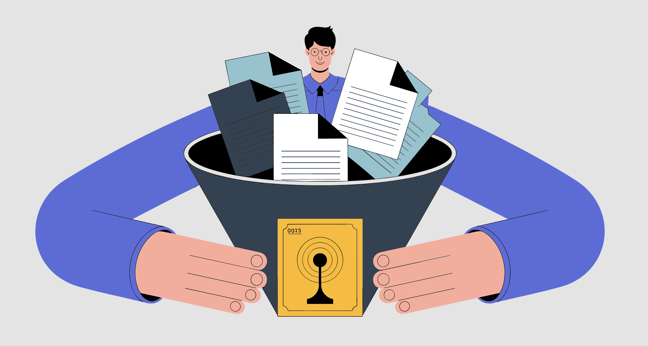 An illustration of a man with glasses wearing a blue shirt and black tie holding a large black trash bin filled with scattered papers, with a yellow symbol on the front. The man is surrounded by two large human hands, one on each side, gripping the sides of the trash bin.