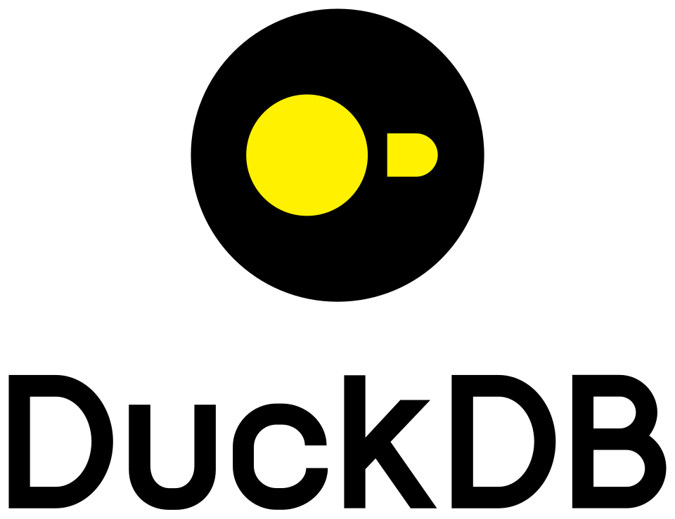 Duckdb logo with yellow duck head graphic within a black circle