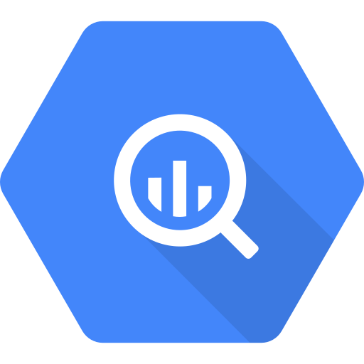 Logo for Big Query of a magnifying glass with a bar chart inside, on a blue hexagon background.