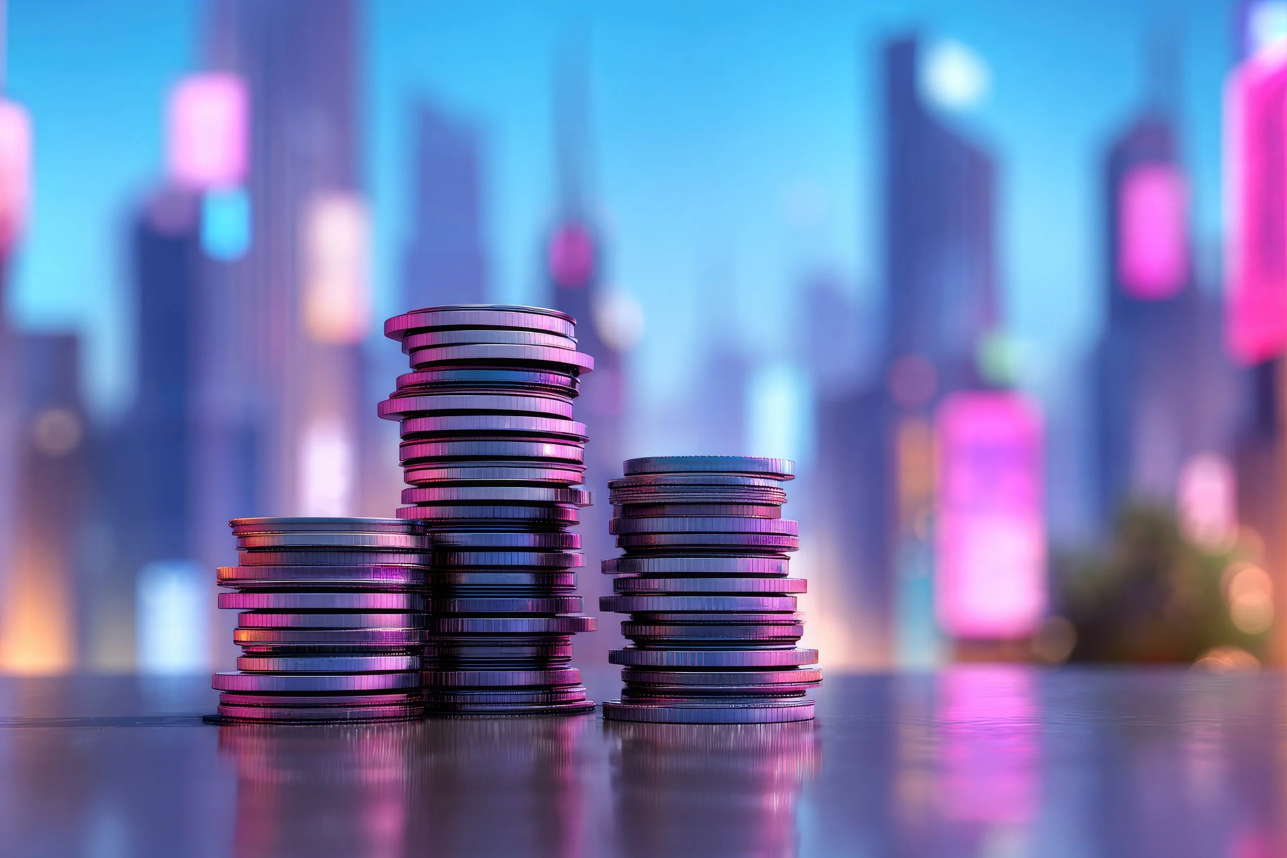 three rows of stacked metallic purple coins in front of pink and purple cityscape