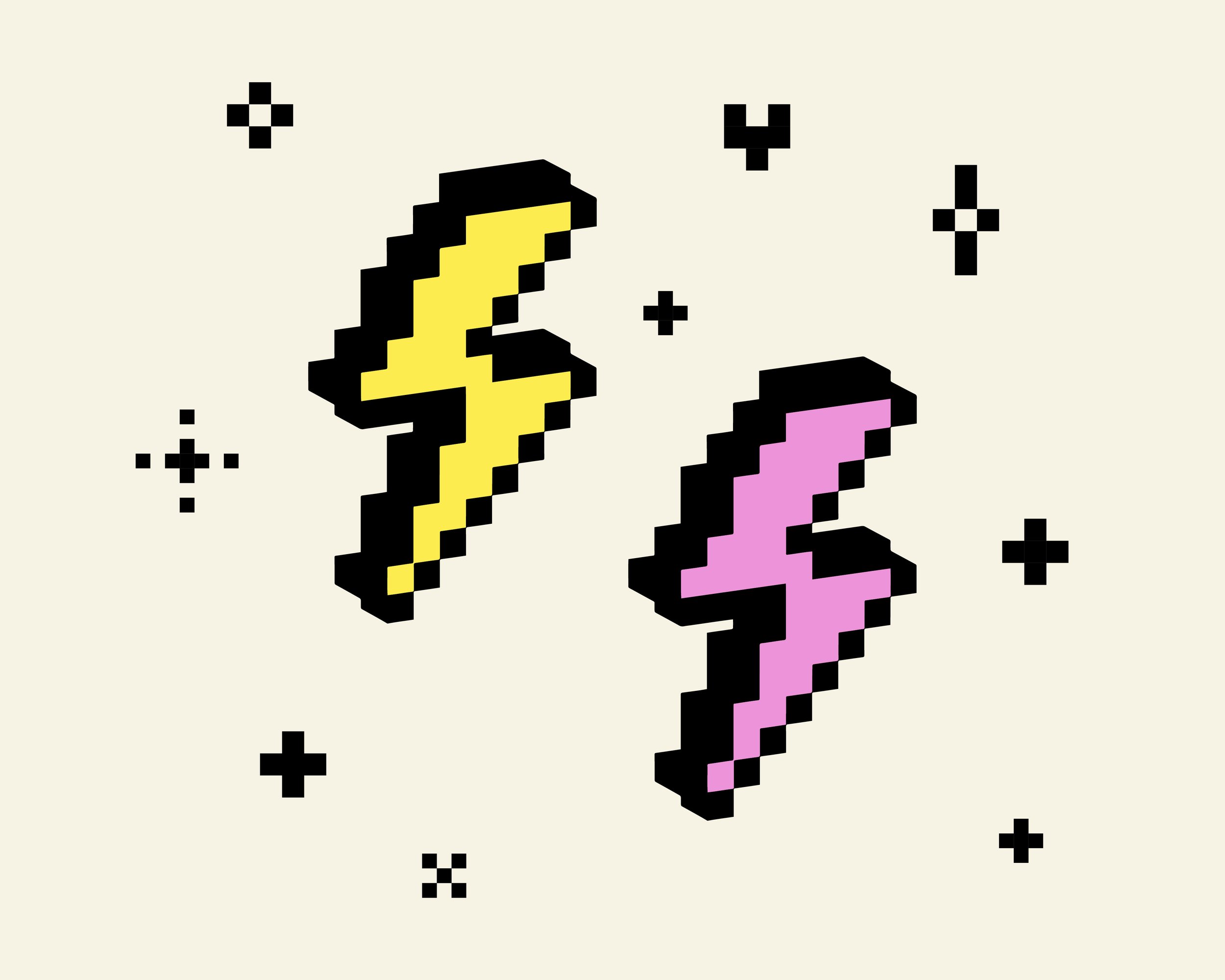 Pixel art-style yellow lightning bolt and pink lightning bolt with black outlines surrounded by small black stars on a light background.