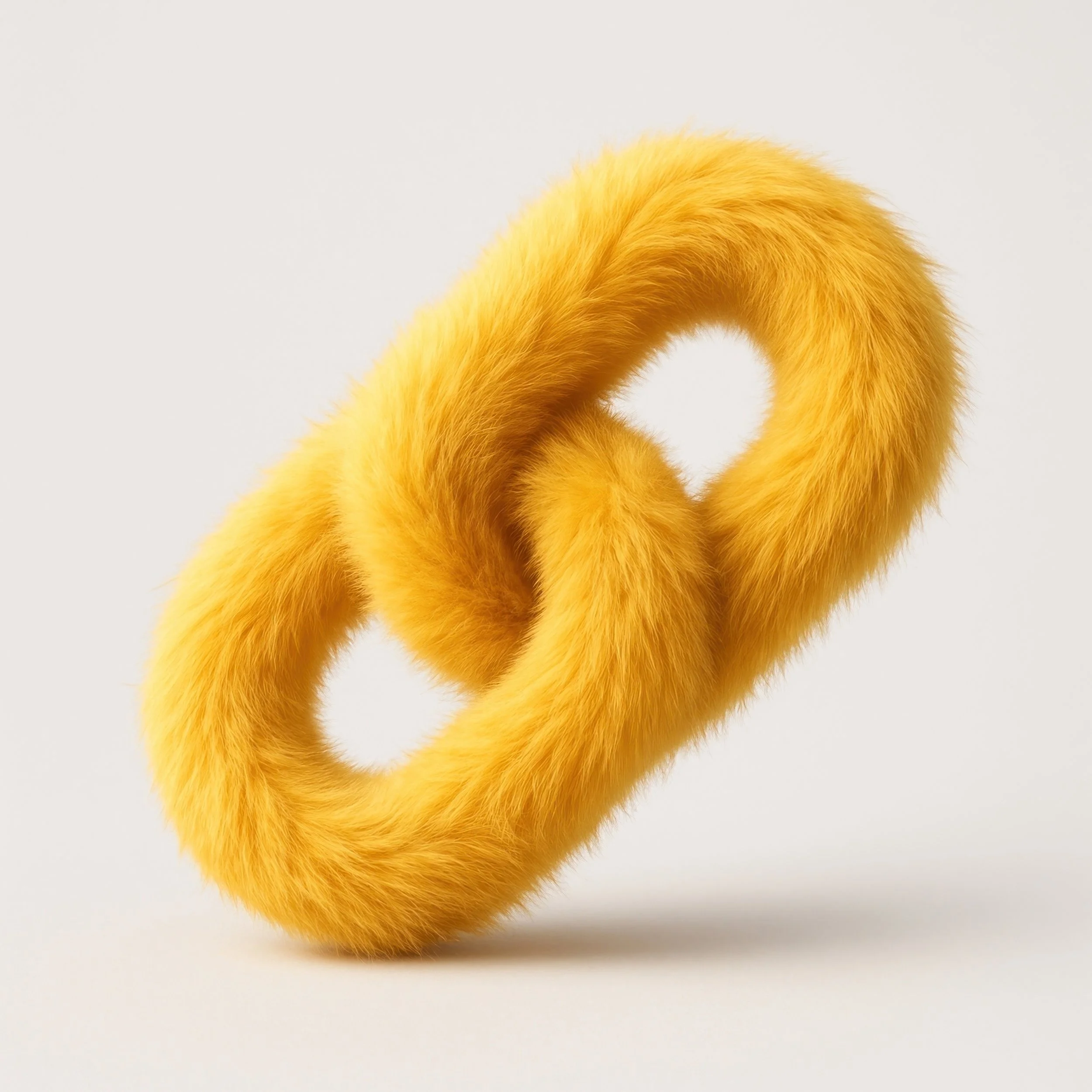 Yellow fuzzy chain link shaped object with a soft plush texture on a plain white background.