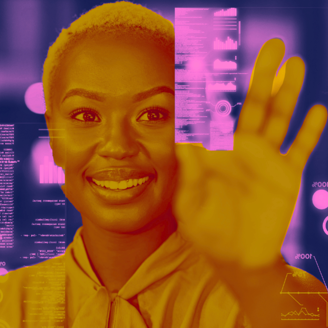 Woman in monotone shades of yellow surrounded by blurred images of data in purple and pink, smiling as she taps a section of data
