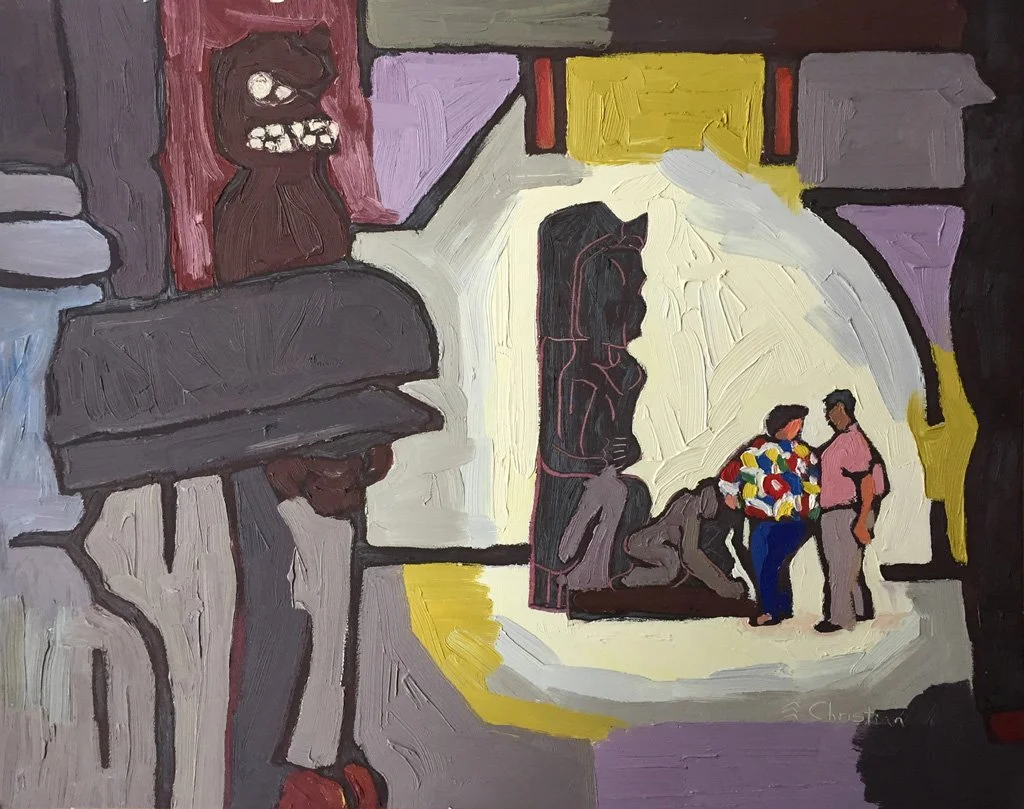  A Visit to the Museum of Anthropology 
 Monuments and Pedestals Series
Oil on Board
14” x 18”
1993
— Private Sale from Artist's Collection 2026 —