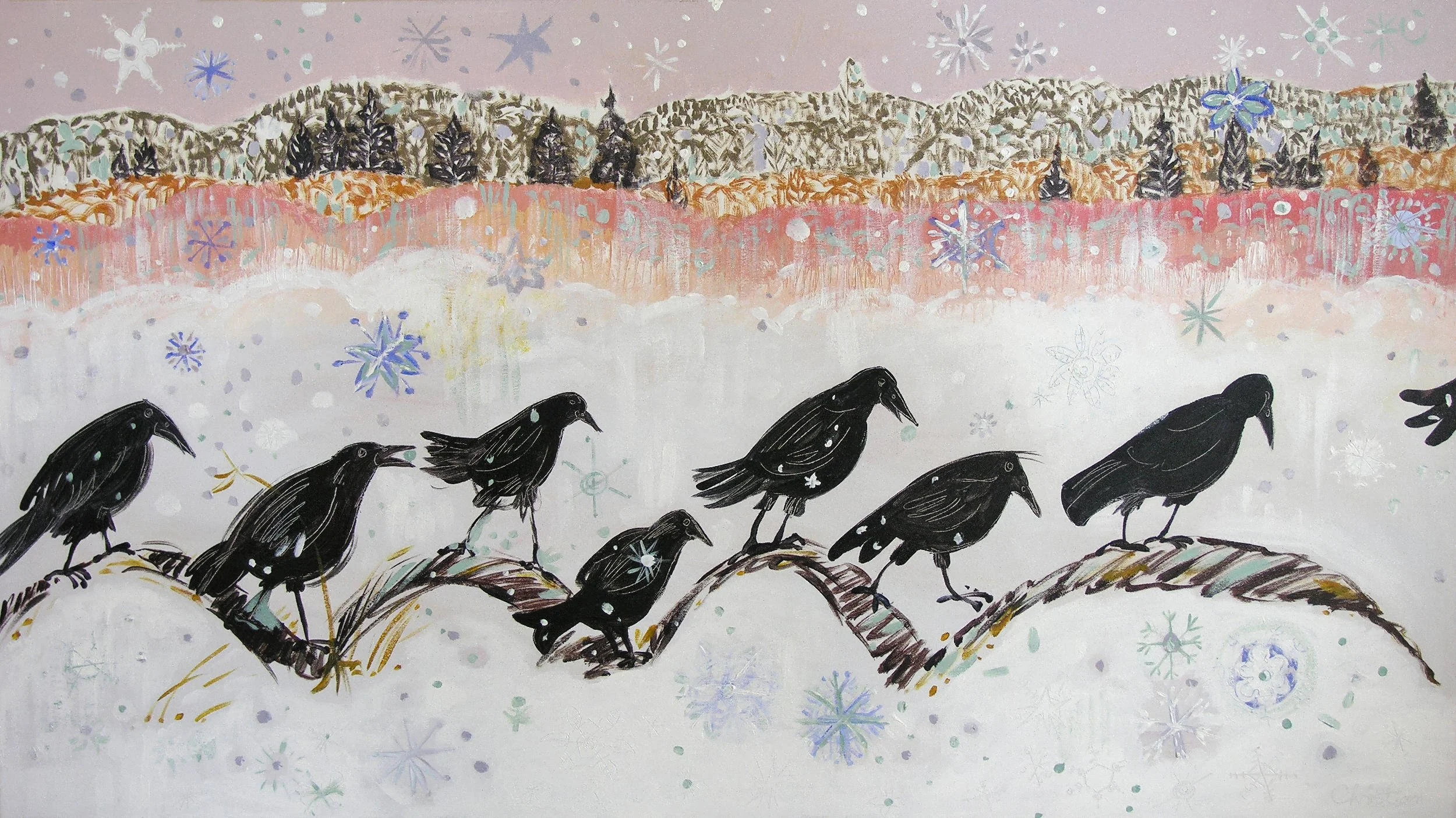 Crows Skipping Thru Snowflakes
West Van Crows Series
Acrylic on Canvas
26” x 46”
2012
— SOLD —
