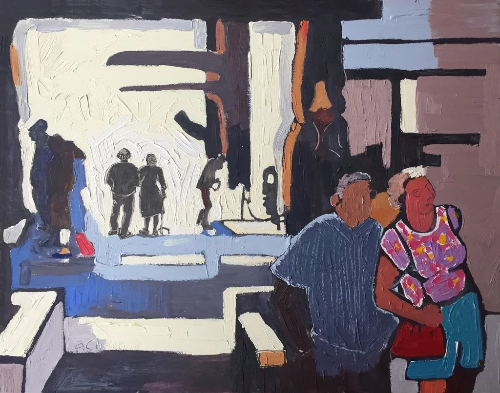  A Stroll through the Museum 
 Monuments and Pedestals Series
Oil on Board
14” x 18”
1993
— Private Sale from Artist's Collection 2026 —