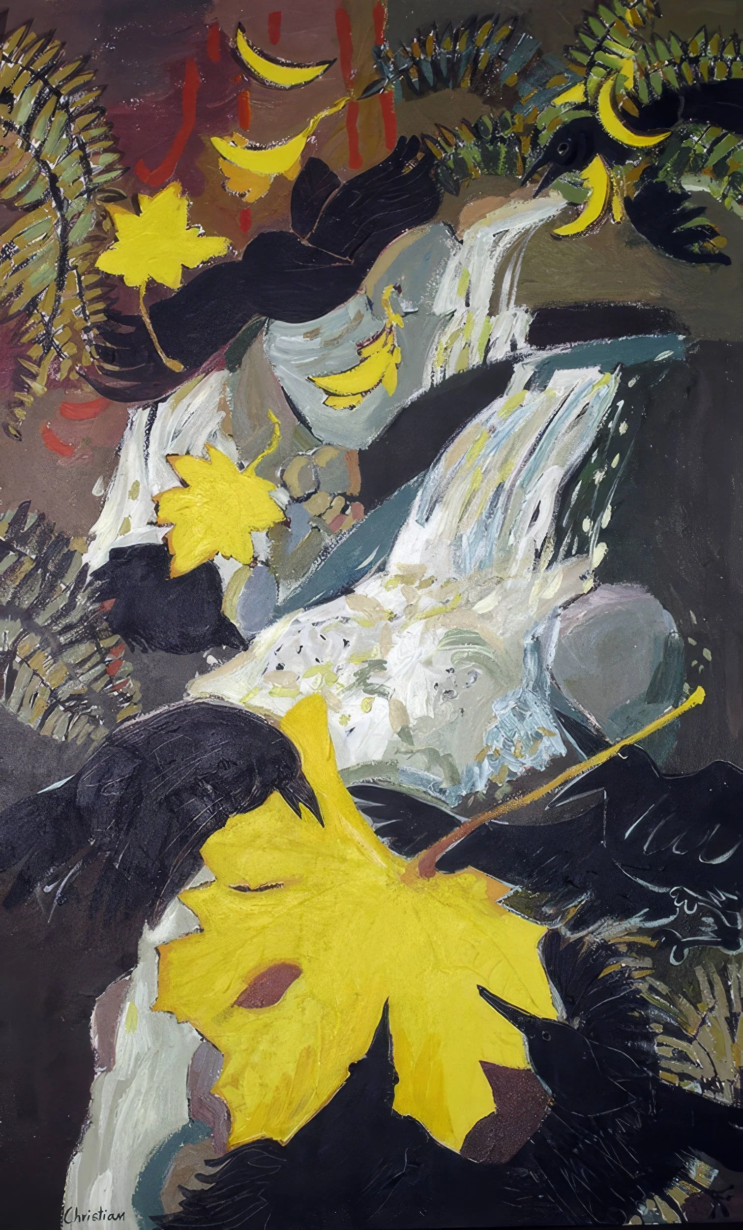   Crows Lament for the Fallen Yellow Maple   West Van Crows Series  Acrylic on Canvas  30” x 48”  2012  — SOLD — 