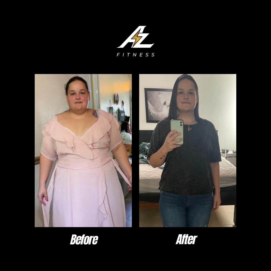 Side-by-side comparison of a woman before and after weight loss, dressed in different outfits, with a 'Before' label on the left and an 'After' label on the right.