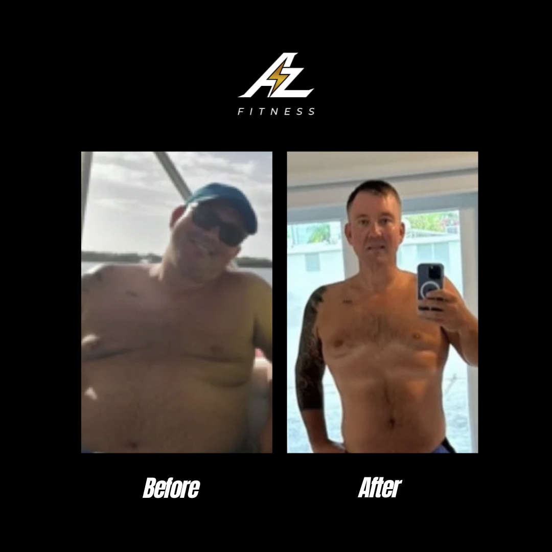 Side-by-side comparison of a shirtless man before and after losing weight. In the before image, he is in a boat on water, wearing sunglasses and a cap. In the after image, he is taking a mirror selfie indoors, wearing blue shorts, with visible muscle tone and tattoos.