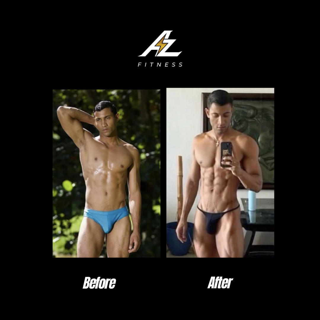 Side-by-side before and after photos of a fit man showing his muscular physique, with the words 'Before' and 'After' and a logo in between.
