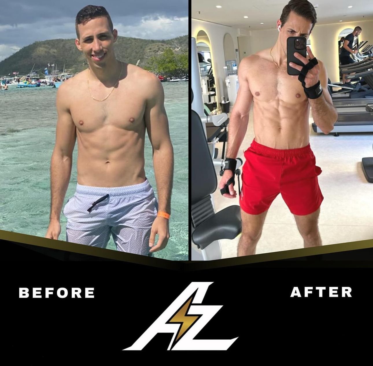 Side-by-side comparison of a man before and after a fitness transformation. In the 'Before' photo, he is standing outdoors near a body of water, smiling, shirtless, wearing light-colored shorts. In the 'After' photo, he is in a gym, shirtless, showing a toned physique, wearing red shorts, taking a selfie in a mirror.