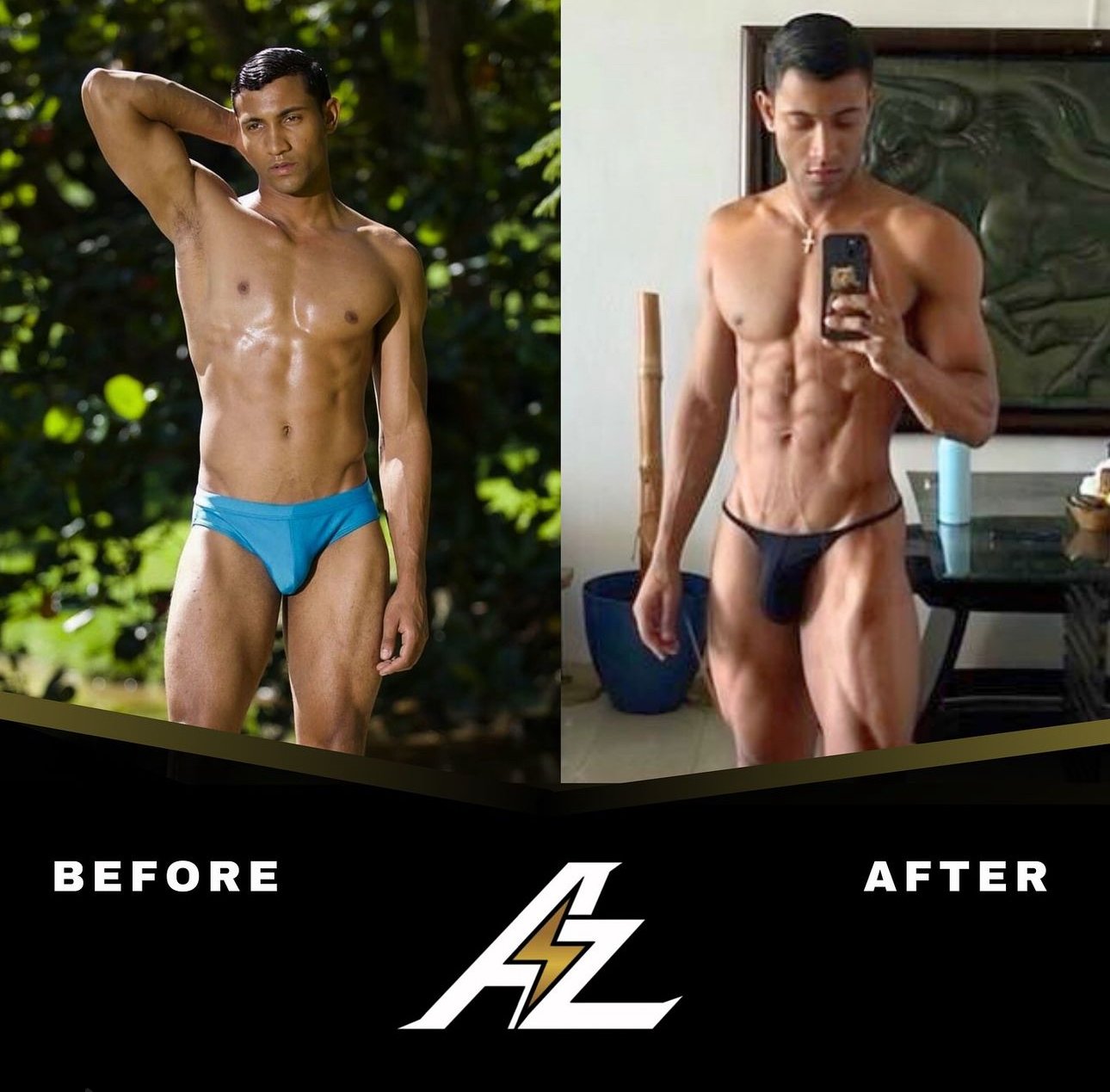 Side-by-side before and after photos of a fit man showing his muscular physique, with the words 'Before' and 'After' and a logo in between.