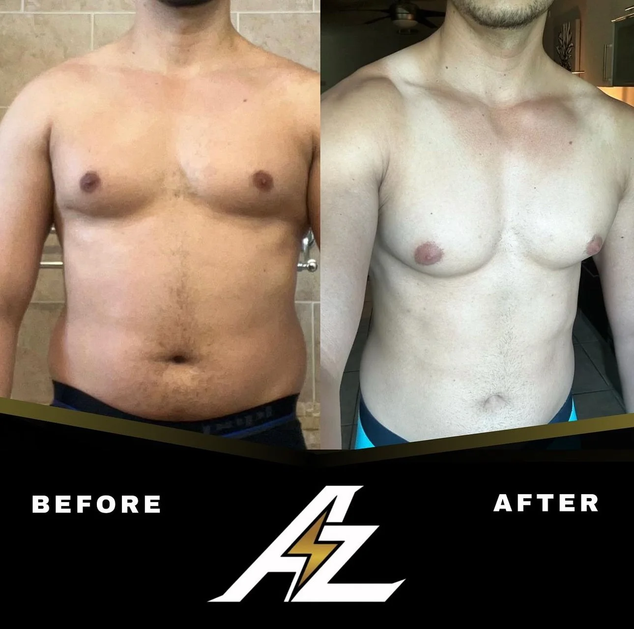Side-by-side comparison of a man's chest and abdomen before and after weight loss or body transformation. The left image shows a man with a larger body, and the right image shows the same man with a slimmer physique. The bottom has a black background with a logo or symbol in the center, flanked by the words 'BEFORE' and 'AFTER'.