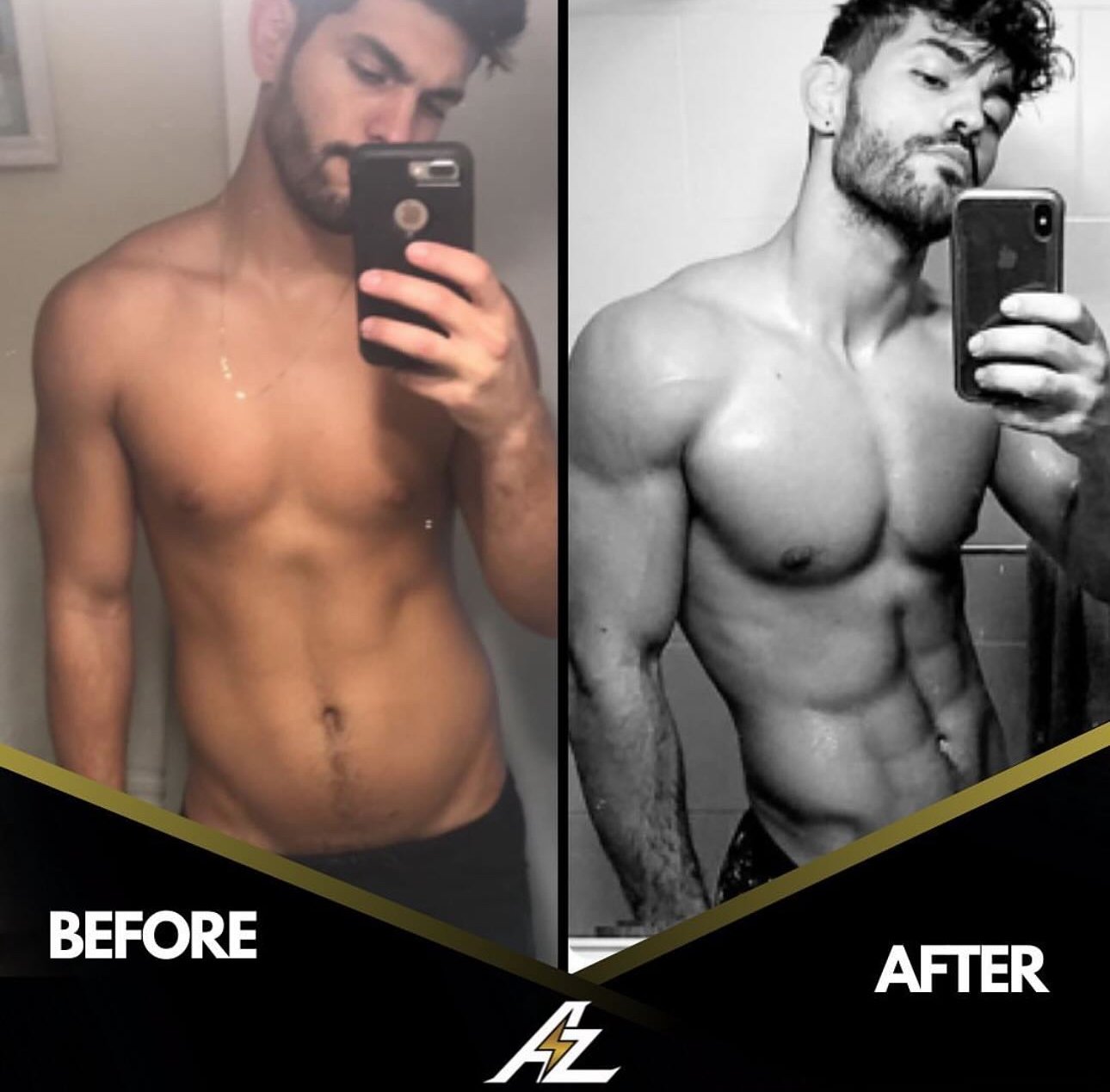 Side-by-side before and after photos of a shirtless man showing increased muscle definition and a more toned physique.