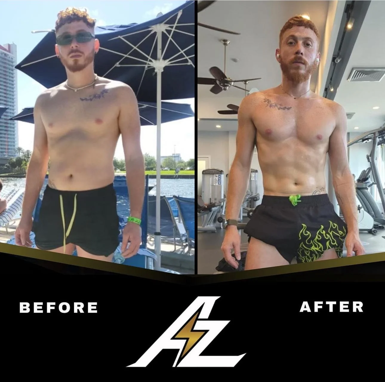 Side-by-side before and after photos of a shirtless man, showing his physical transformation. The left photo shows the man outdoors in a swimsuit, and the right photo shows him in a gym setting with more defined muscles.