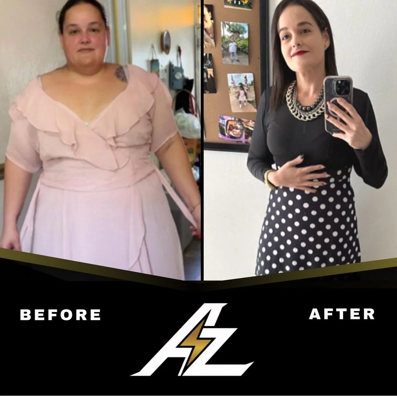 Side-by-side comparison of a woman before and after weight loss, dressed in different outfits, with a 'Before' label on the left and an 'After' label on the right.