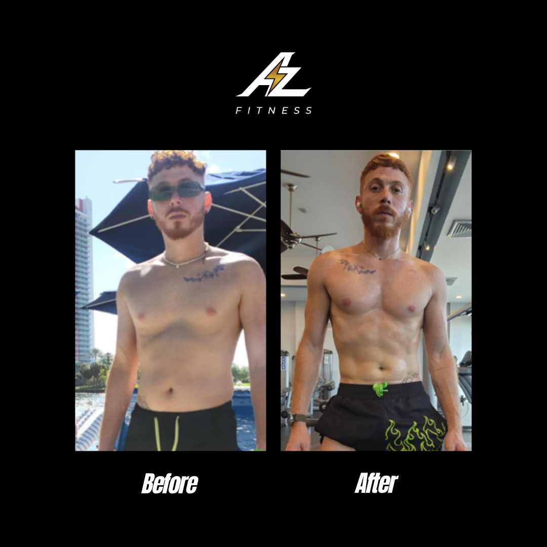 Side-by-side before and after photos of a shirtless man, showing his physical transformation. The left photo shows the man outdoors in a swimsuit, and the right photo shows him in a gym setting with more defined muscles.