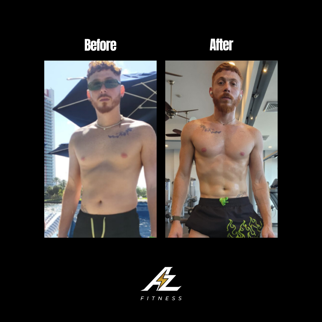 Side-by-side before and after photos of a shirtless man, showing his physical transformation. The left photo shows the man outdoors in a swimsuit, and the right photo shows him in a gym setting with more defined muscles.
