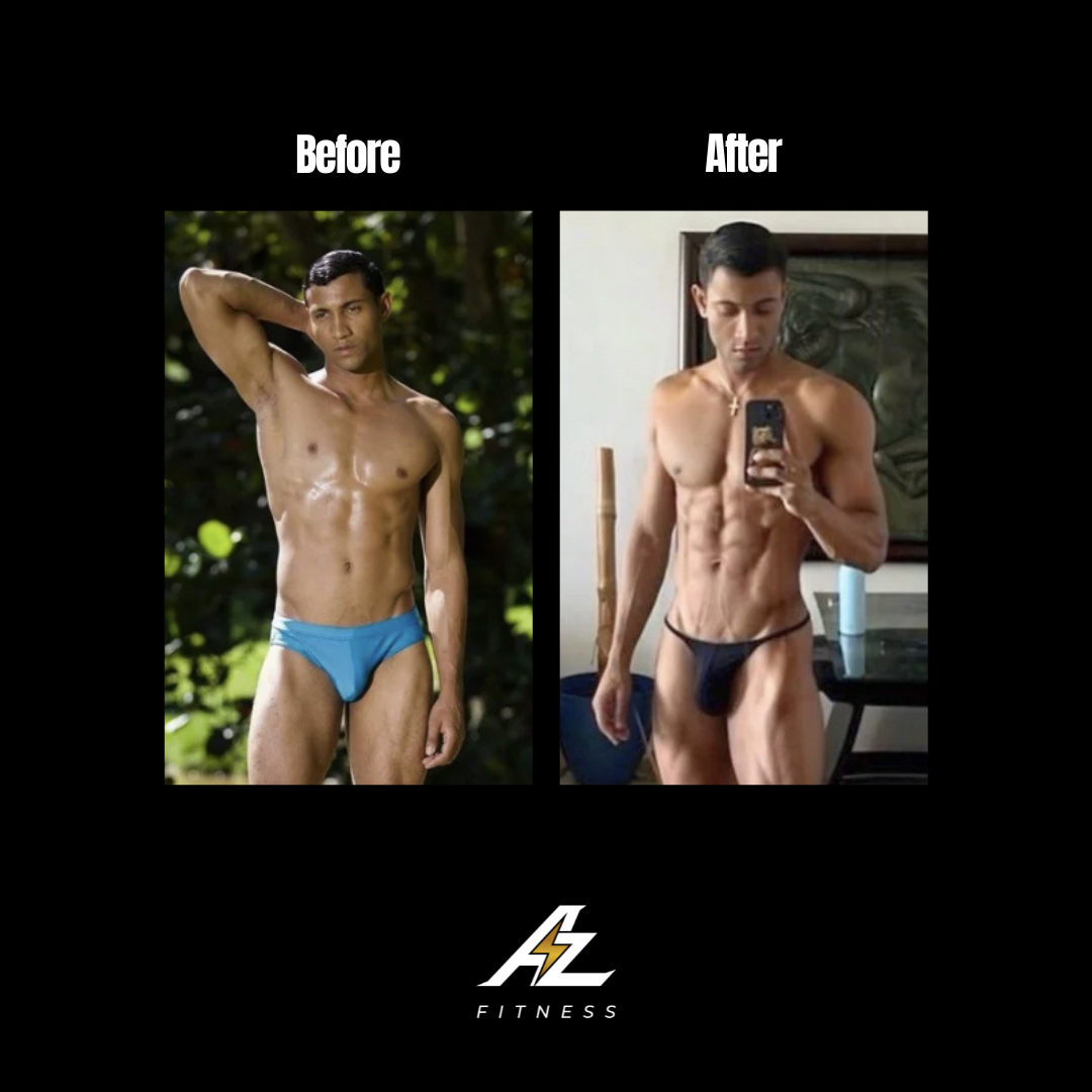 Side-by-side before and after photos of a fit man showing his muscular physique, with the words 'Before' and 'After' and a logo in between.