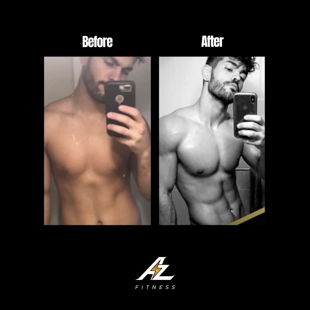 Side-by-side before and after photos of a shirtless man showing increased muscle definition and a more toned physique.