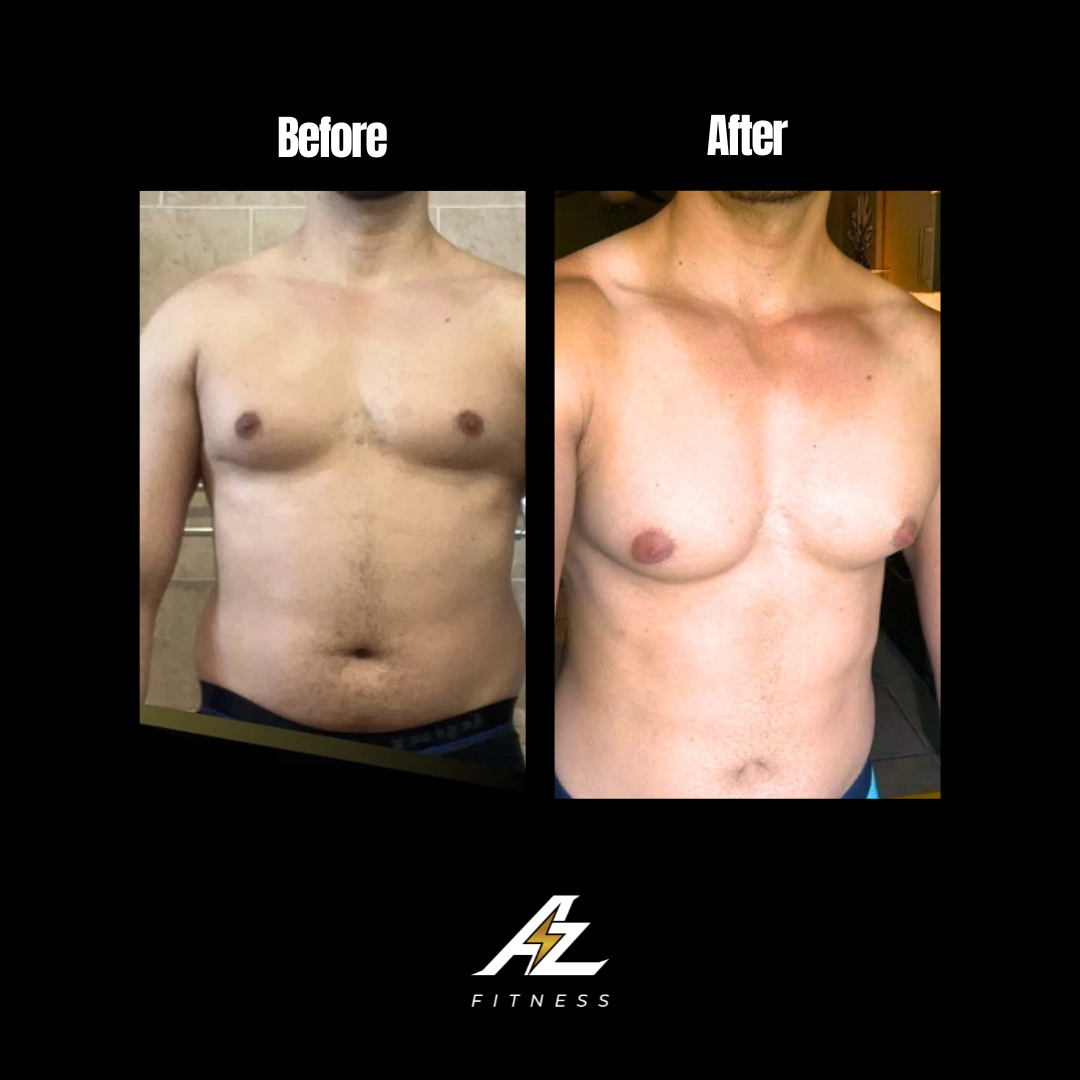 Side-by-side comparison of a man's chest and abdomen before and after weight loss or body transformation. The left image shows a man with a larger body, and the right image shows the same man with a slimmer physique. The bottom has a black background with a logo or symbol in the center, flanked by the words 'BEFORE' and 'AFTER'.