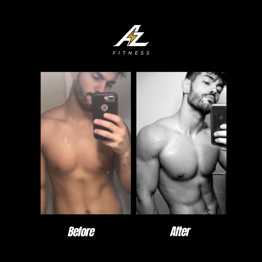 Side-by-side before and after photos of a shirtless man showing increased muscle definition and a more toned physique.