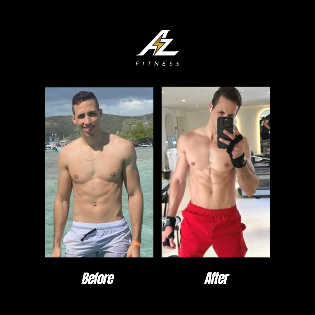 Side-by-side comparison of a man before and after a fitness transformation. In the 'Before' photo, he is standing outdoors near a body of water, smiling, shirtless, wearing light-colored shorts. In the 'After' photo, he is in a gym, shirtless, showing a toned physique, wearing red shorts, taking a selfie in a mirror.
