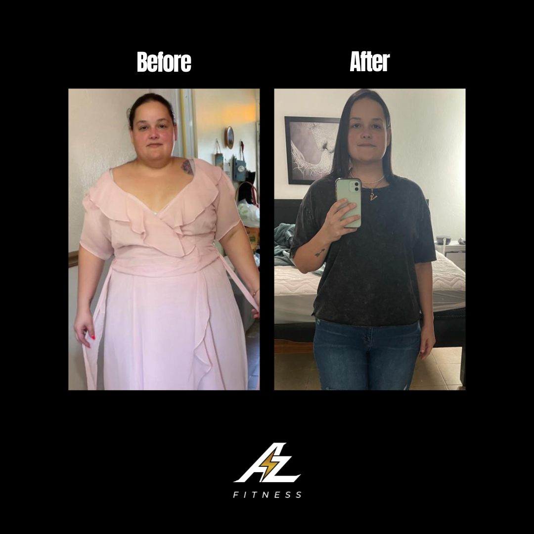 Side-by-side comparison of a woman before and after weight loss, dressed in different outfits, with a 'Before' label on the left and an 'After' label on the right.