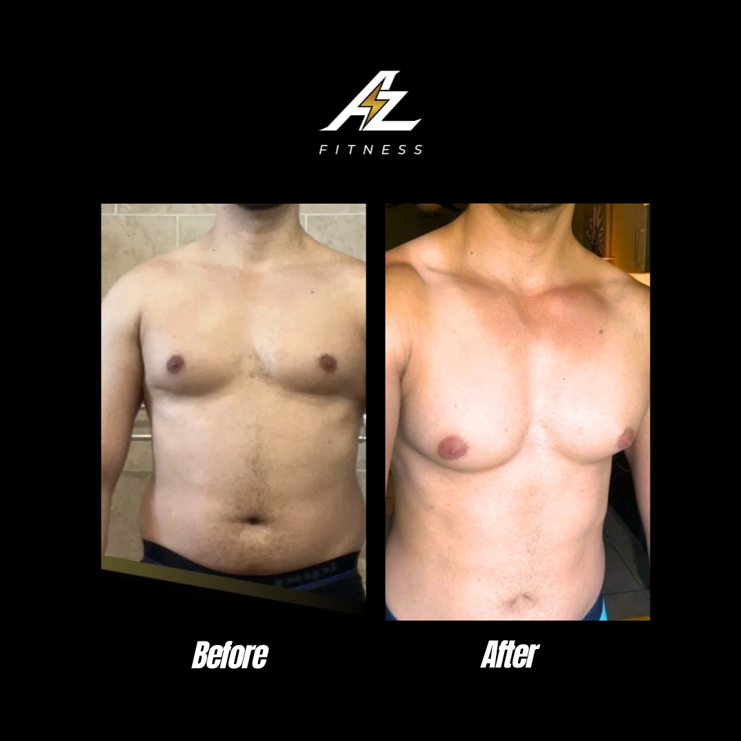 Side-by-side comparison of a man's chest and abdomen before and after weight loss or body transformation. The left image shows a man with a larger body, and the right image shows the same man with a slimmer physique. The bottom has a black background with a logo or symbol in the center, flanked by the words 'BEFORE' and 'AFTER'.