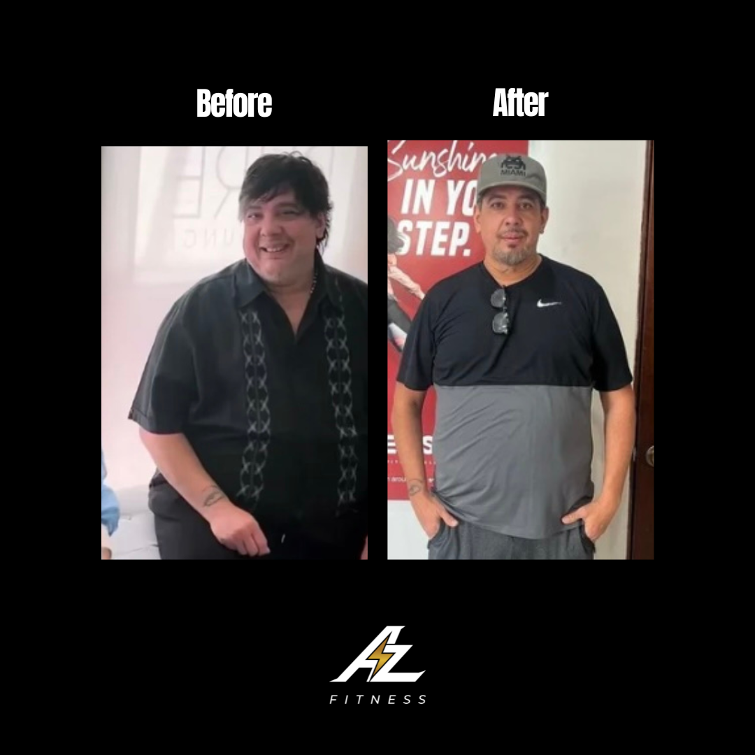 Comparison of a man before and after weight loss. In the before photo, he is wearing a black shirt with patterns and smiling. In the after photo, he is wearing athletic clothing, standing with hands in pockets, and looking at the camera.