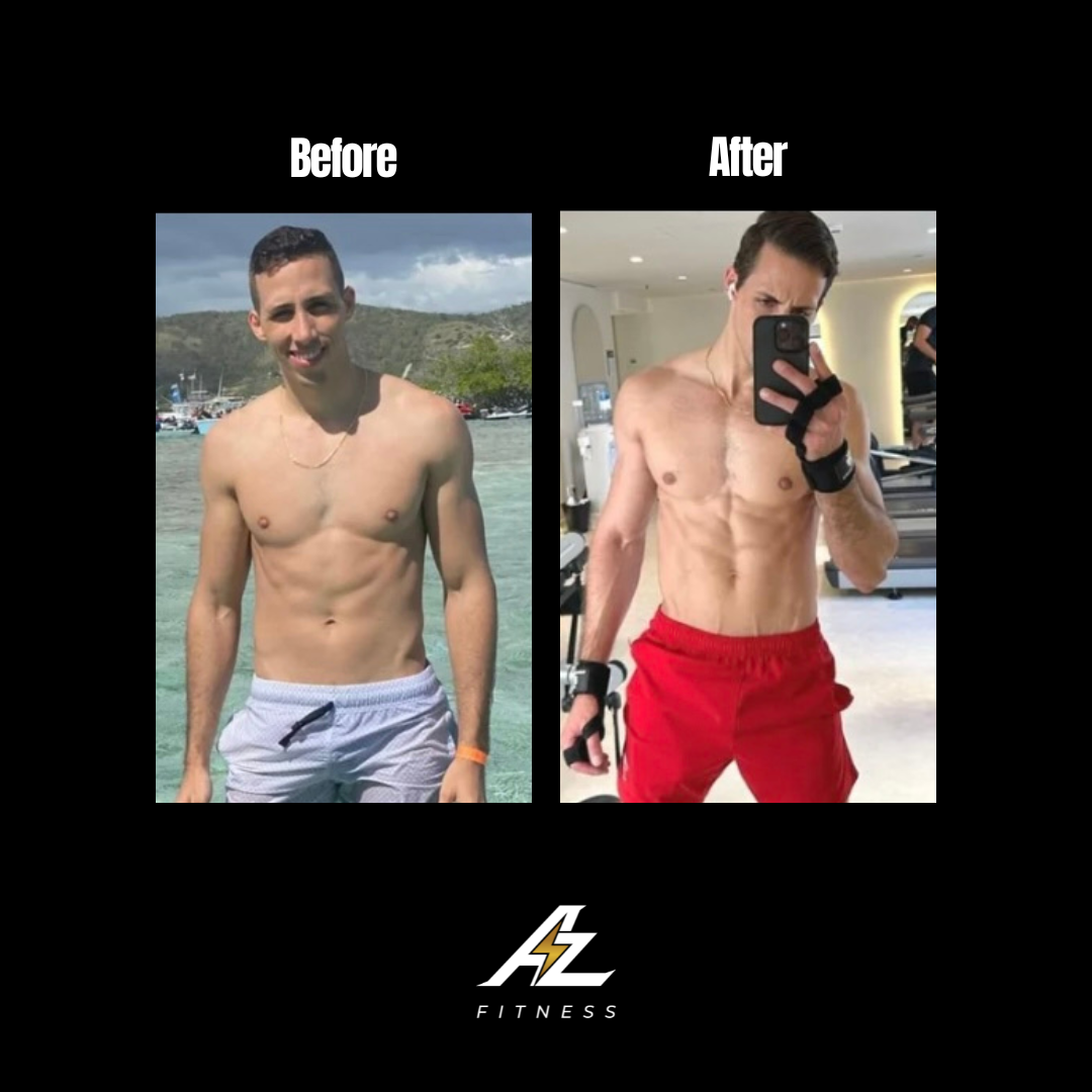 Side-by-side comparison of a man before and after a fitness transformation. In the 'Before' photo, he is standing outdoors near a body of water, smiling, shirtless, wearing light-colored shorts. In the 'After' photo, he is in a gym, shirtless, showing a toned physique, wearing red shorts, taking a selfie in a mirror.