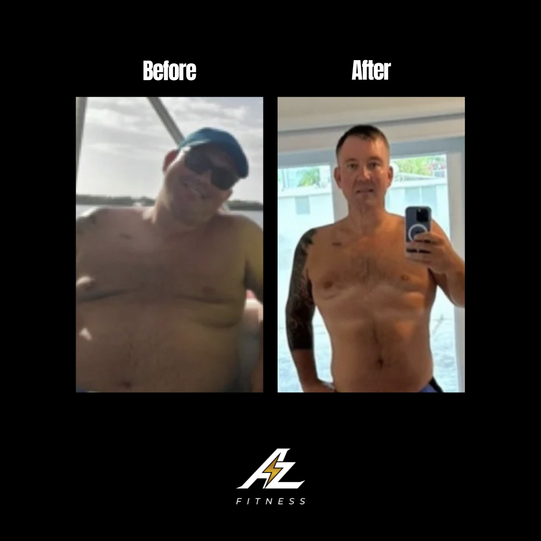 Side-by-side comparison of a shirtless man before and after losing weight. In the before image, he is in a boat on water, wearing sunglasses and a cap. In the after image, he is taking a mirror selfie indoors, wearing blue shorts, with visible muscle tone and tattoos.