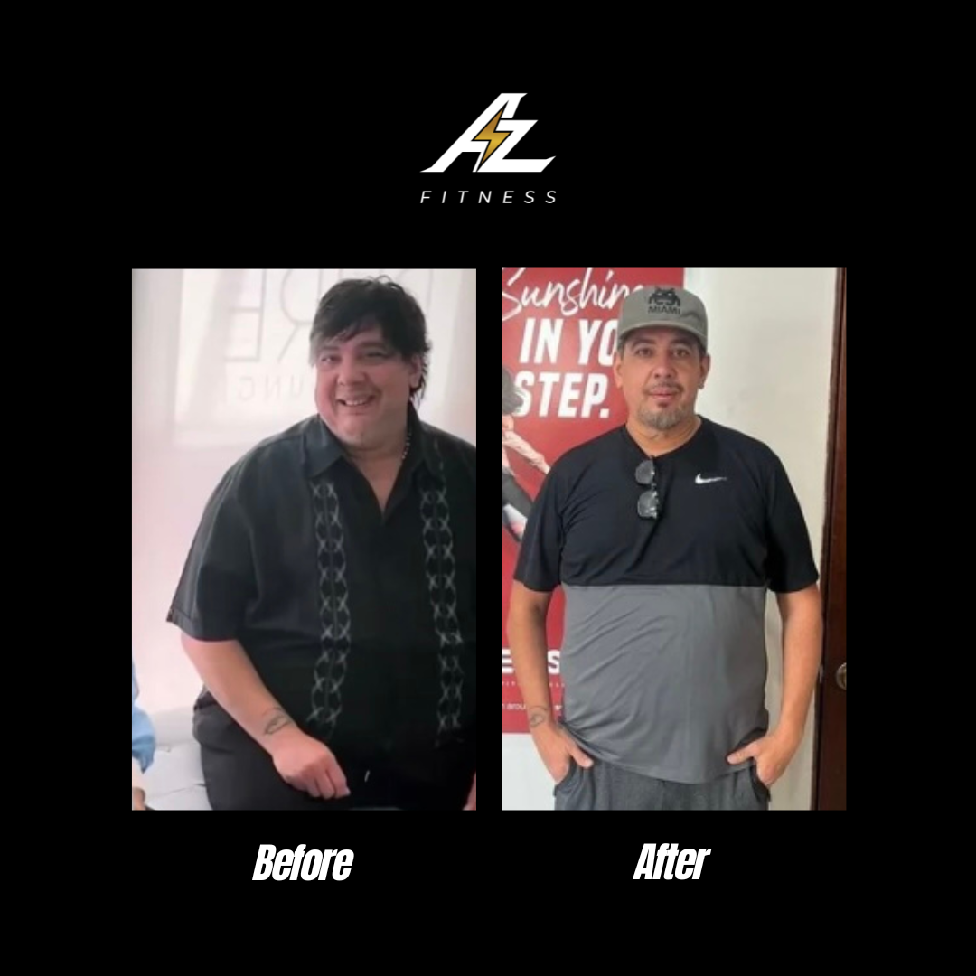 Comparison of a man before and after weight loss. In the before photo, he is wearing a black shirt with patterns and smiling. In the after photo, he is wearing athletic clothing, standing with hands in pockets, and looking at the camera.