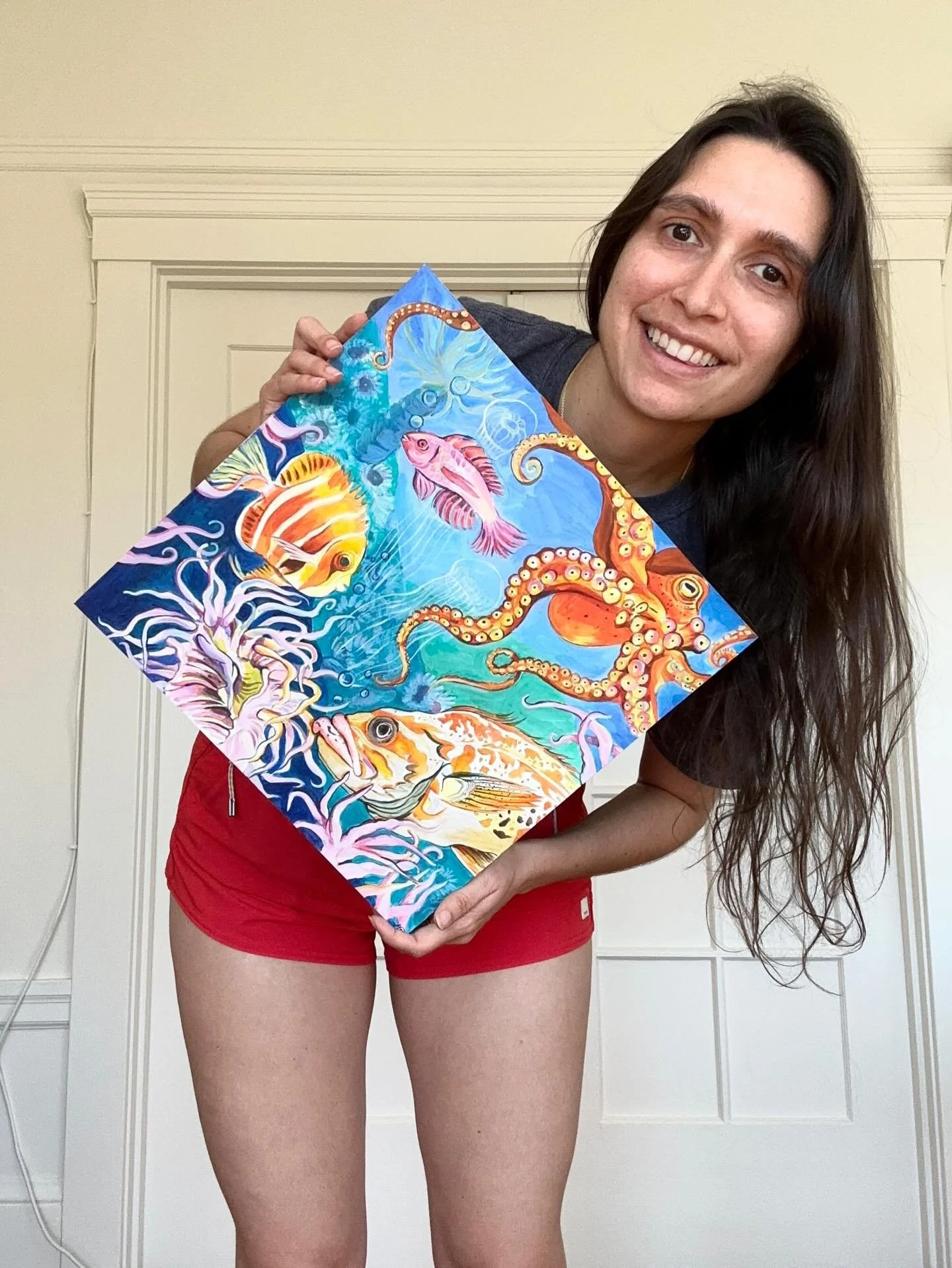 Is that COLOR? For my baby niece&rsquo;s birthday I decided to bring the aquarium to her! 🐙🐠🪼
.
.
.
#fish #fishpainting #acrylicpainting #bayareaartist #bayareaart