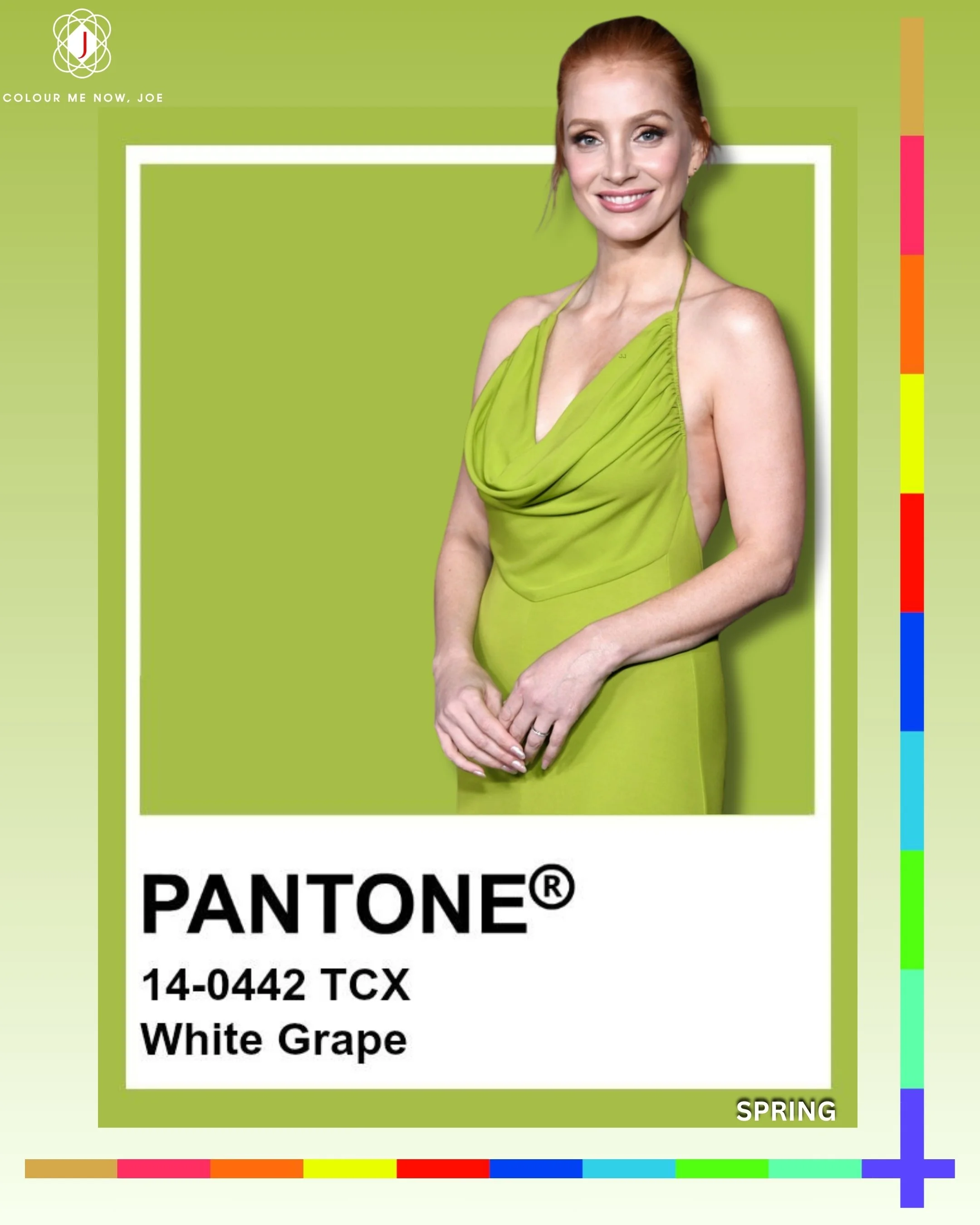 Pantone's White Grape is a delicate and refreshing hue that embodies a soft, muted green with a hint of warmth, reminiscent of the fresh and tranquil feel of early spring. Beautiful when paired with creamy whites, biscuit brown and warm reds for a co