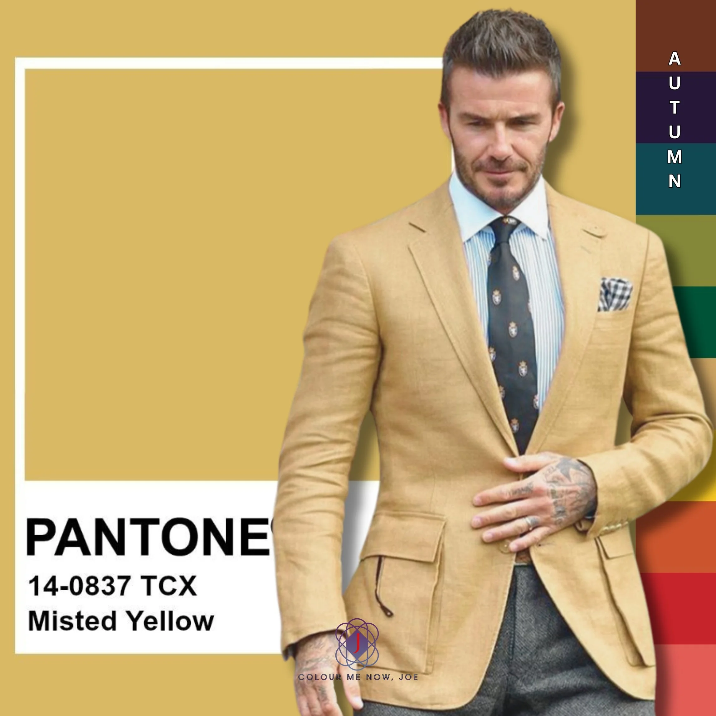 Pantone's Misted yellow is a soft, warm, and dusty shade of yellow. Colour reminiscent of a hazy sunrise or a field of golden wheat.
You can pair this colour with any colour from the autumn palette, but olive green will create a harmonious and natur
