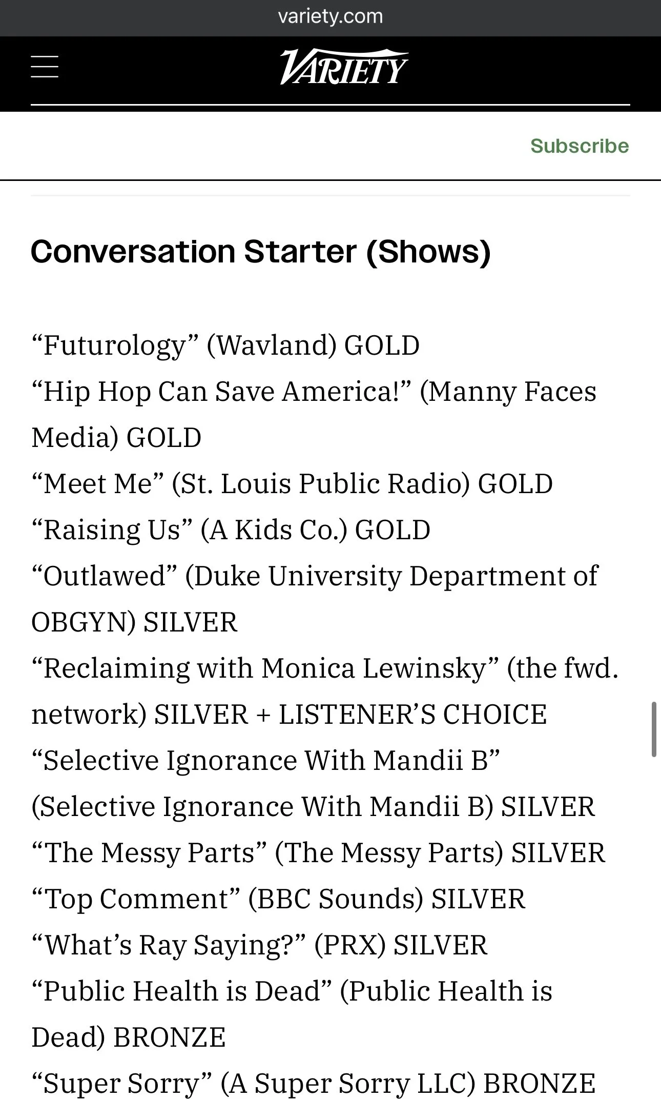 Screengrab from Variety article on Signal Award Winning shows. Public Health is Dead is mentioned in the list of Conversation Starter awardees.