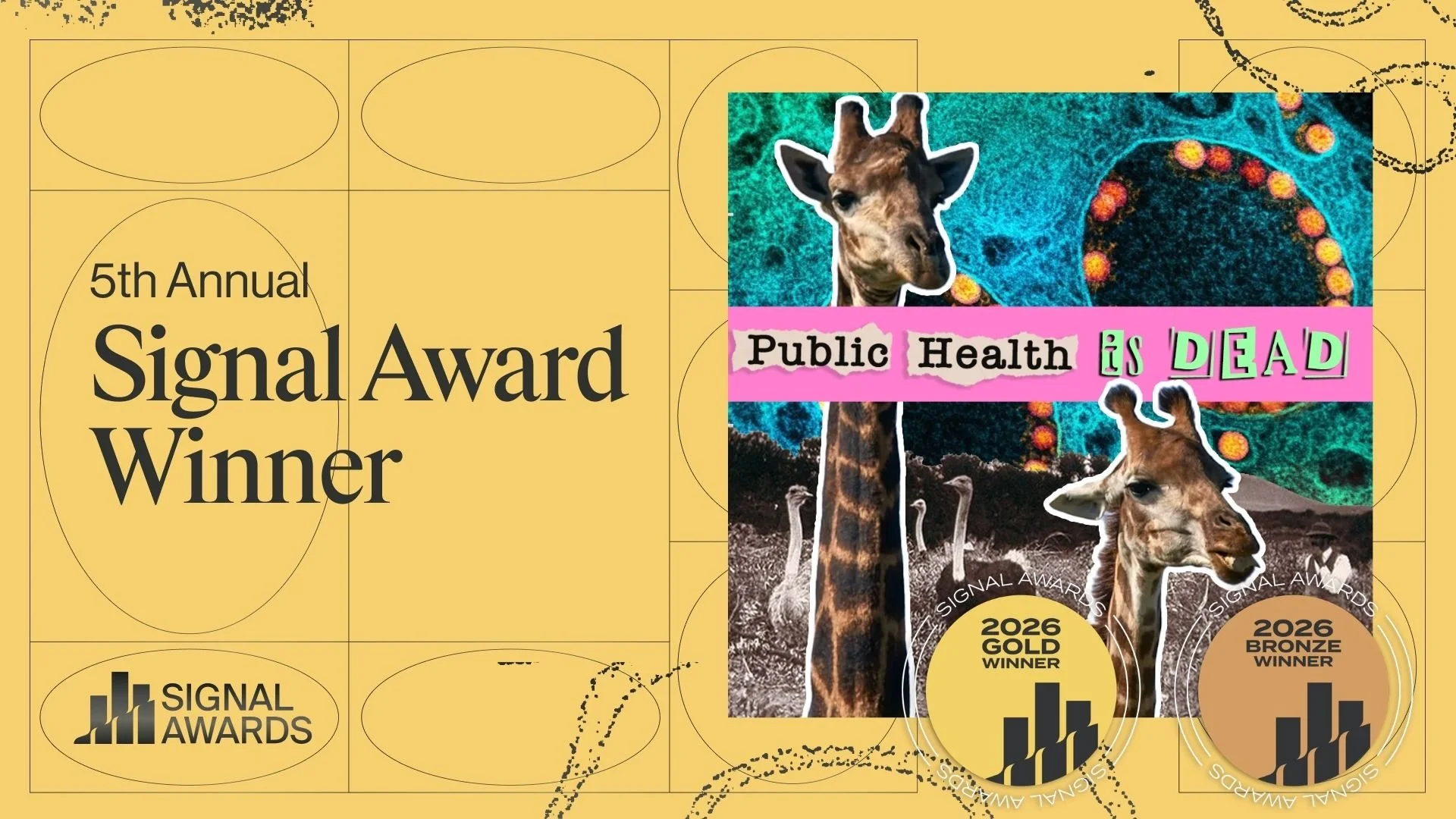 5th Annual Signal Award Winner - Gold and Bronze with decorative yellow background and podcast artwork