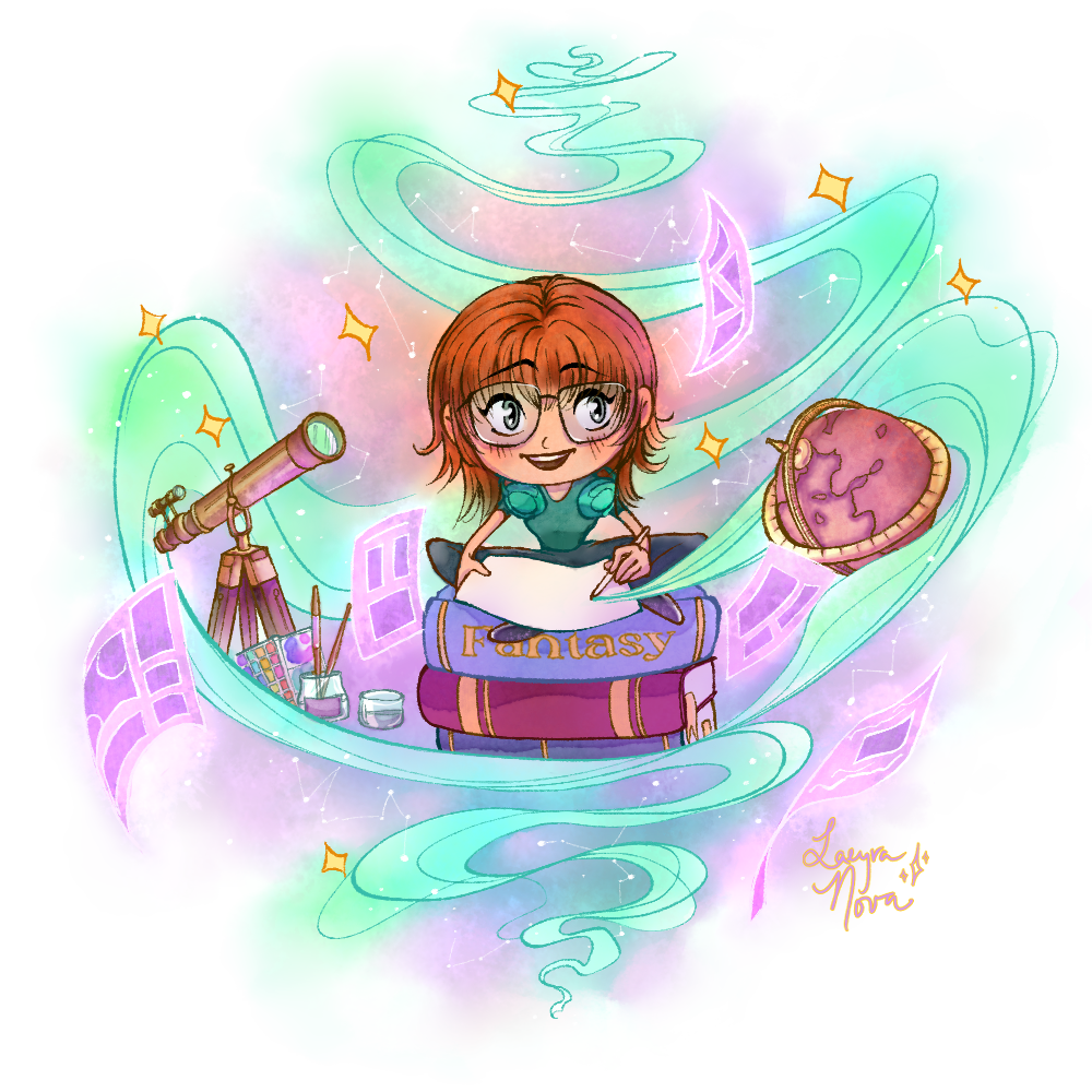 Artist self portrait with fantasy books and magic.
