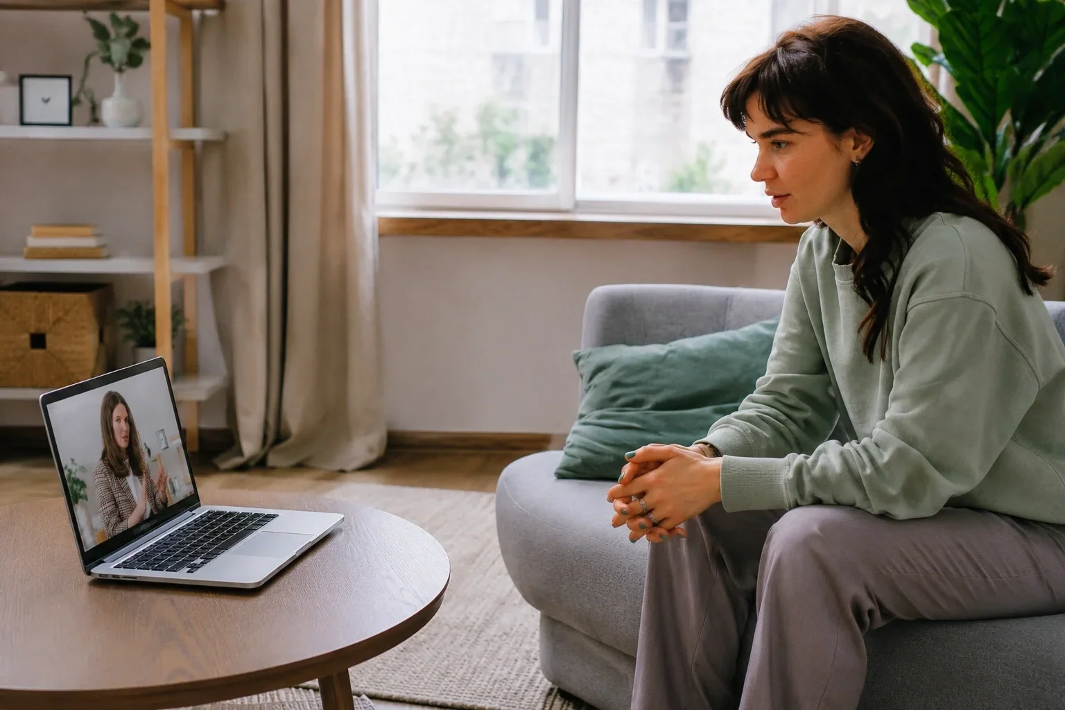 Woman attending an online video therapy session from home with a therapist on a laptop during virtual counselling in Alberta.