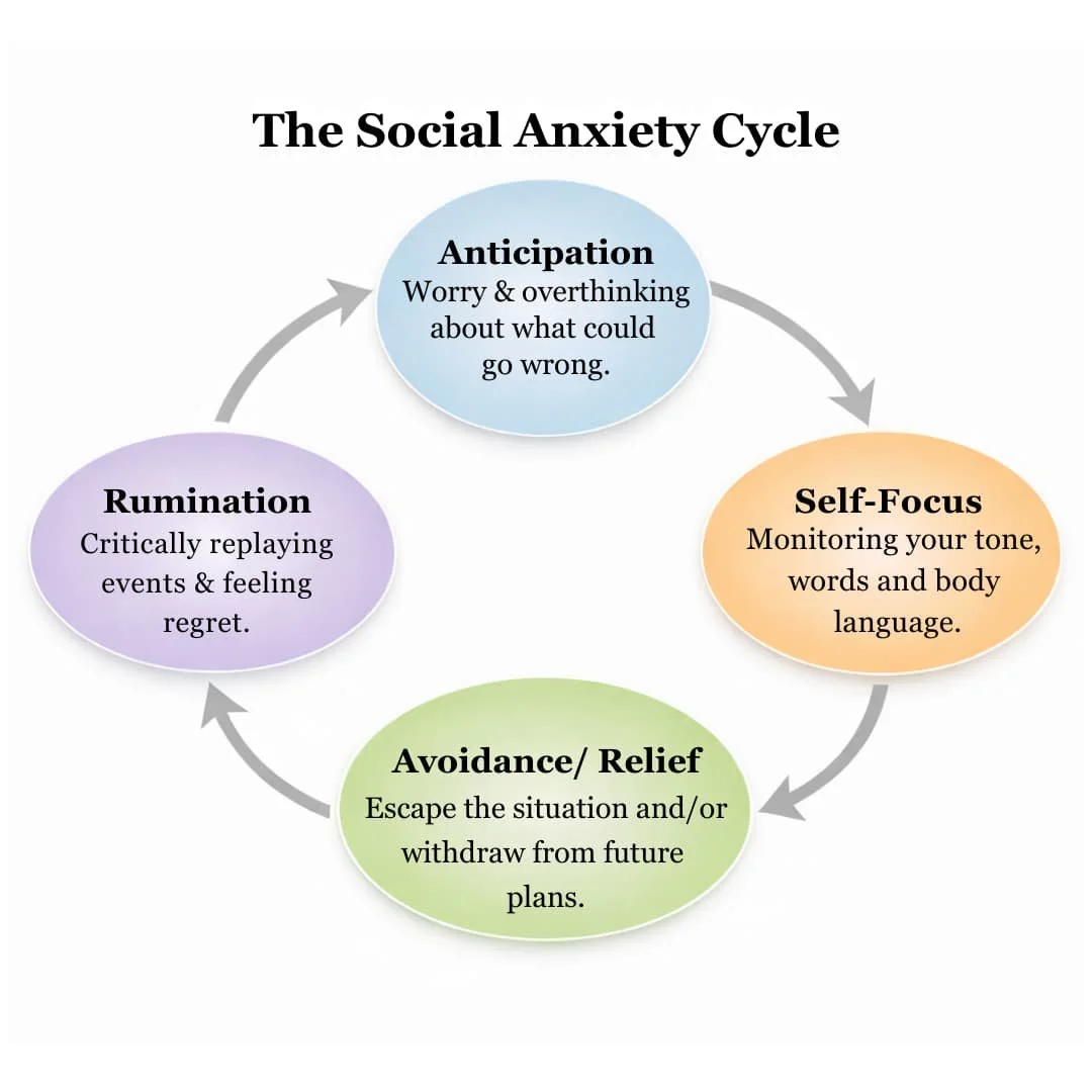 Diagram showing the social anxiety cycle: anticipation, self-focus during interactions, avoidance or relief, and rumination repeating over time.