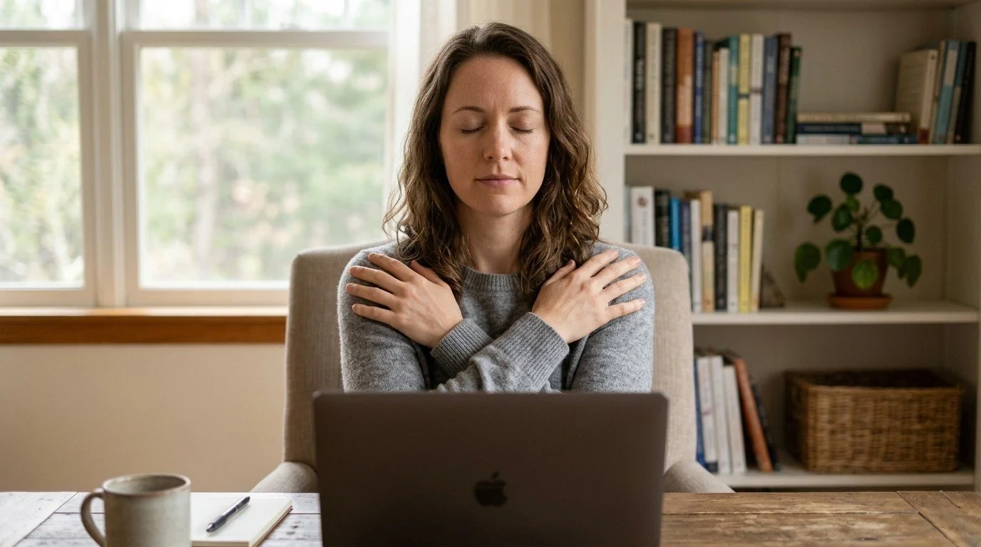 Person using the EMDR butterfly hug tapping technique during a virtual therapy session in a quiet home setting