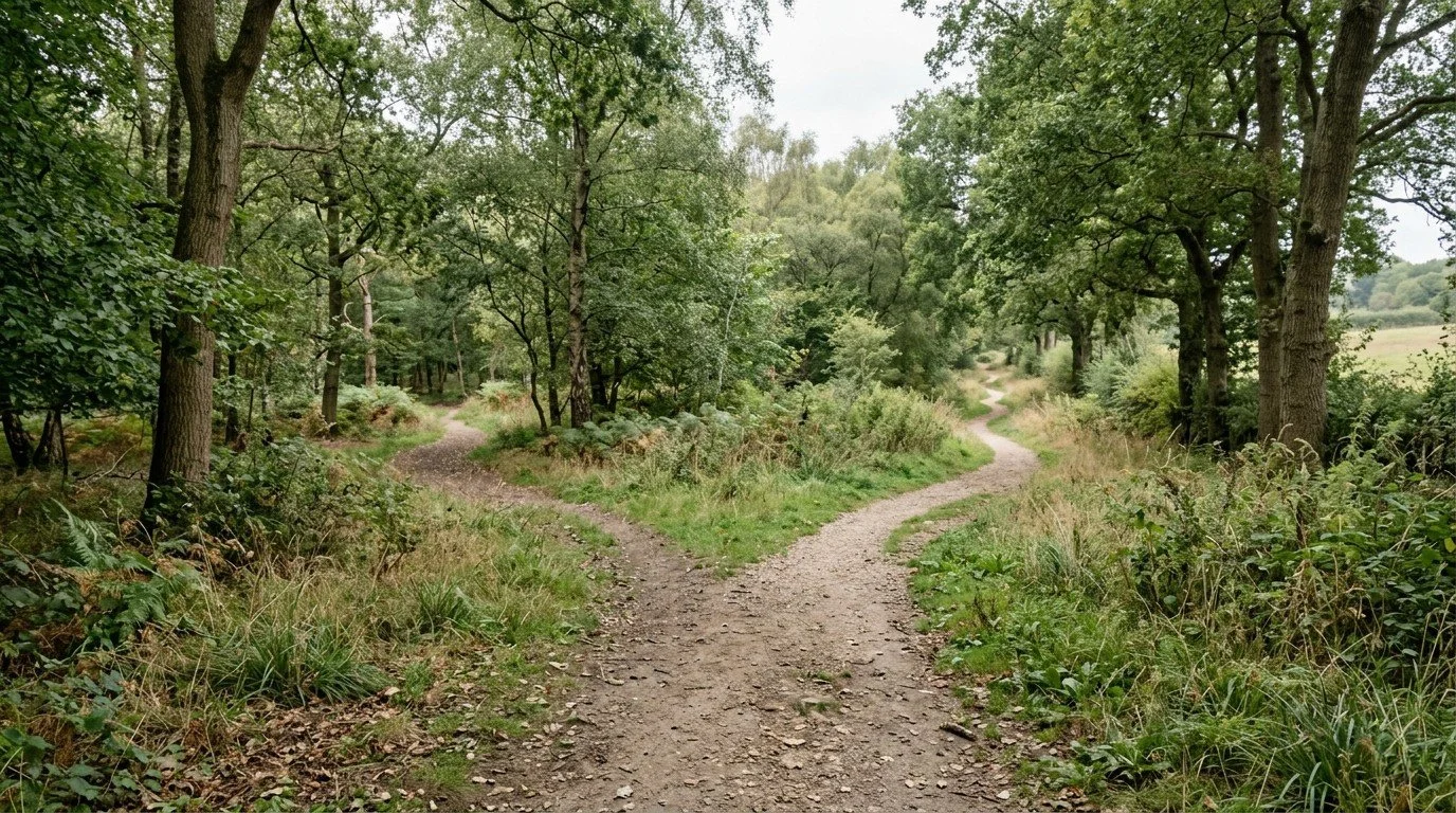 Forked walking path in a calm forest setting representing a thoughtful decision about starting EMDR therapy