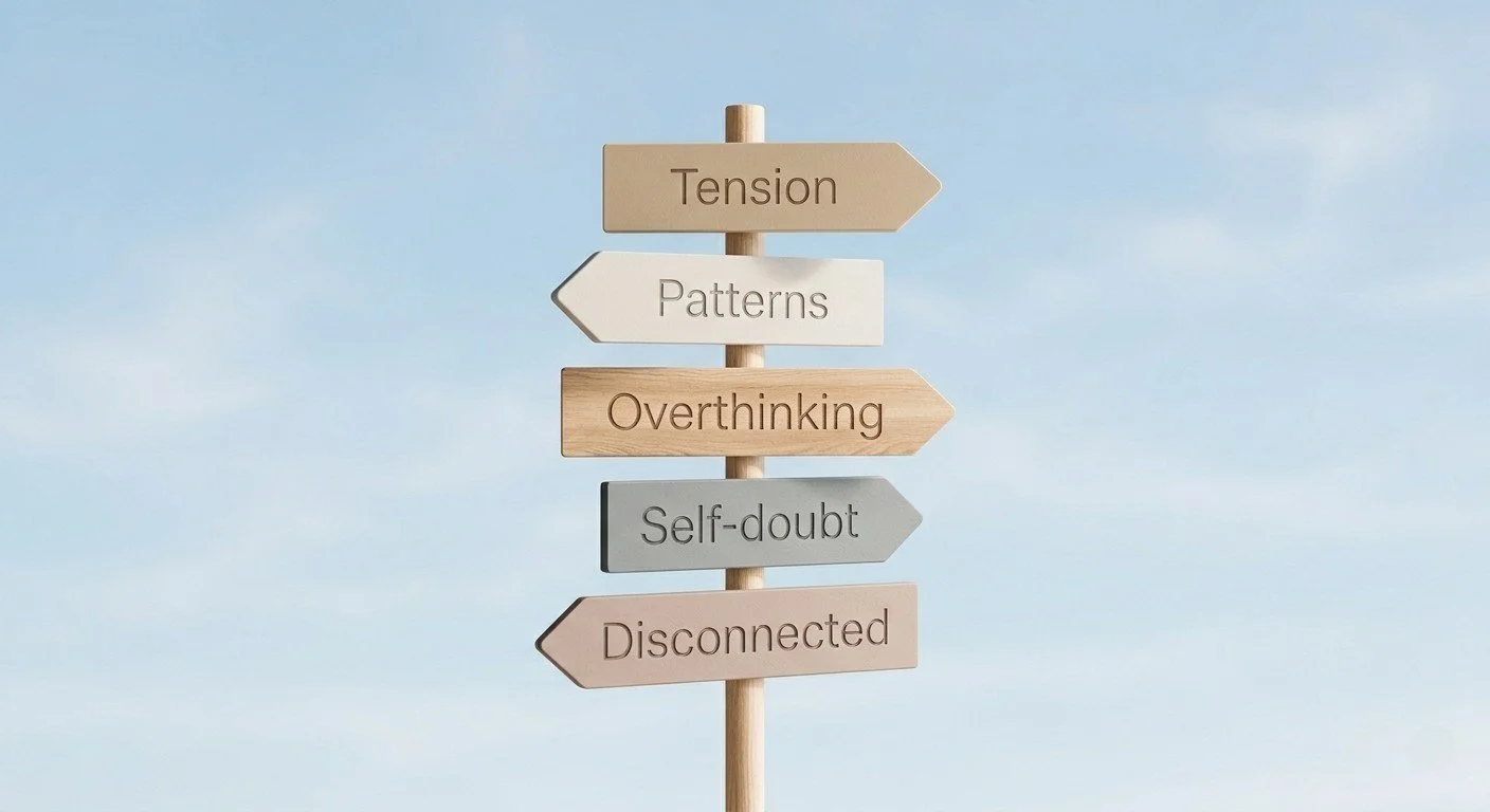 Directional sign showing words tension, patterns, overthinking, self-doubt and disconnection representing signs of unresolved trauma