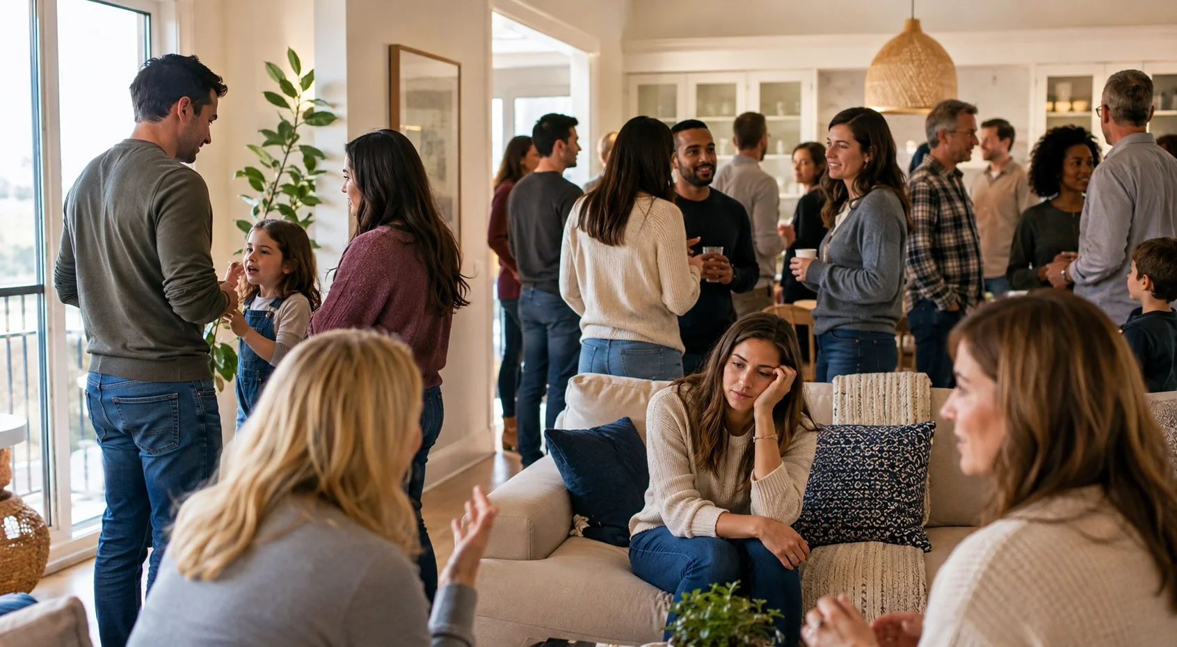 Woman appearing socially exhausted during a large family gathering in a bright home environment with multiple overlapping conversations around her