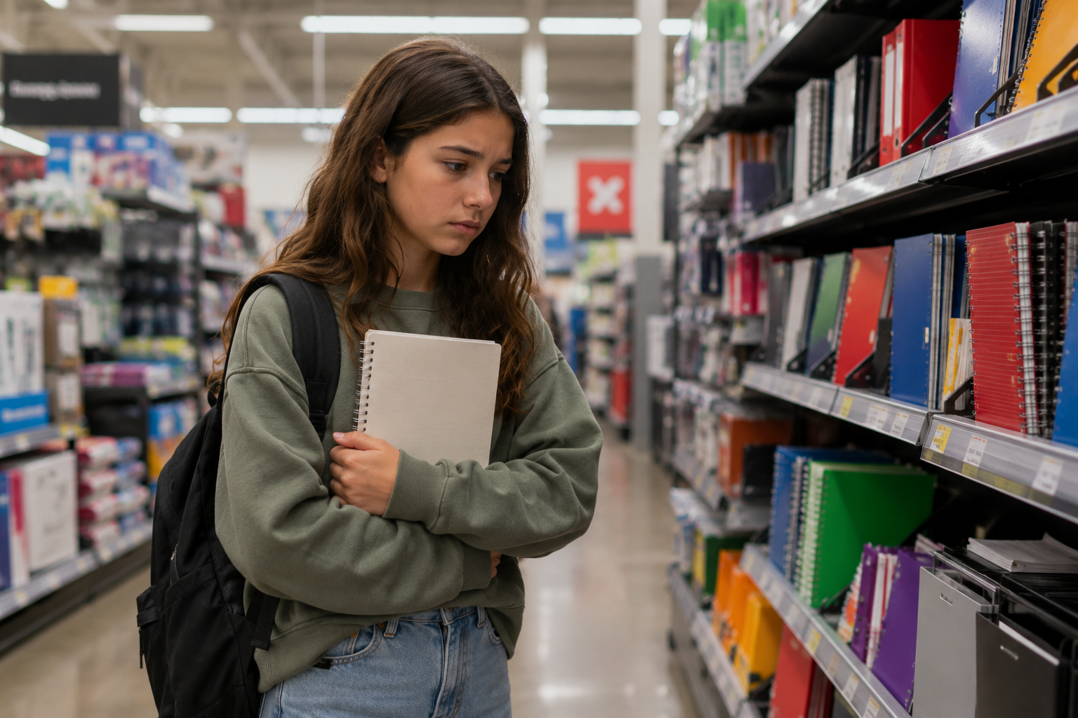 Teenager looking overwhelmed while shopping for back-to-school supplies, illustrating anticipatory anxiety before the school year begins.
